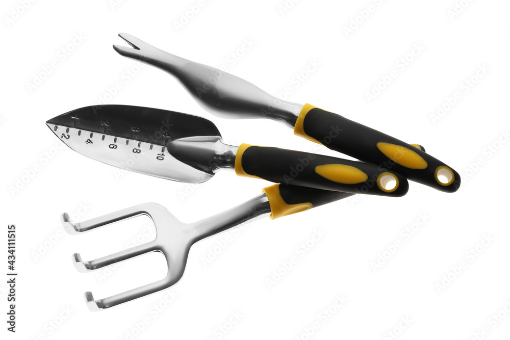 Fototapeta premium Trowel, weeder and pitchfork on white background, top view. Gardening tools