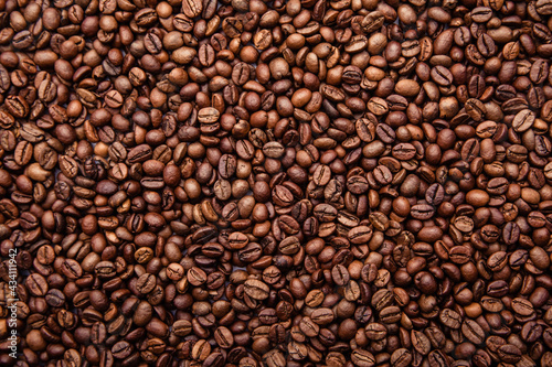 Close-up horizontal shot of brown coffee beans