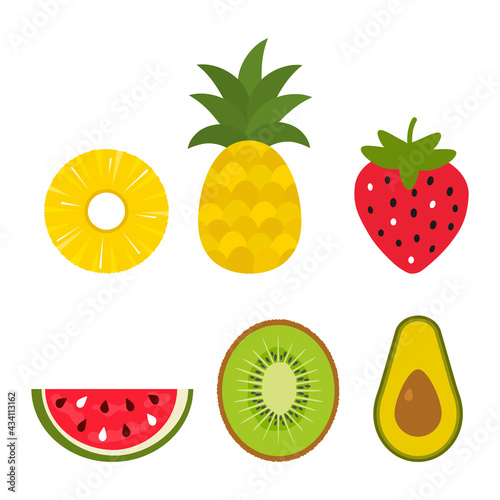 set of summer exotic fruits. watermelon, pineapple, strawberry, kiwi, avocado.