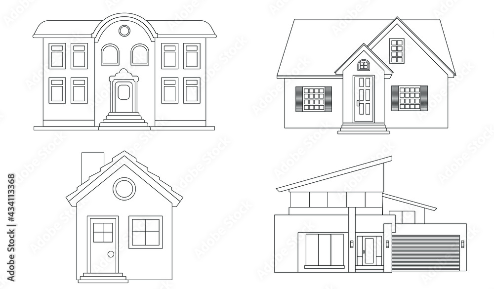 House vector 2 (Outline) ,houses exterior vector illustration front view ,residential buildings of different styles