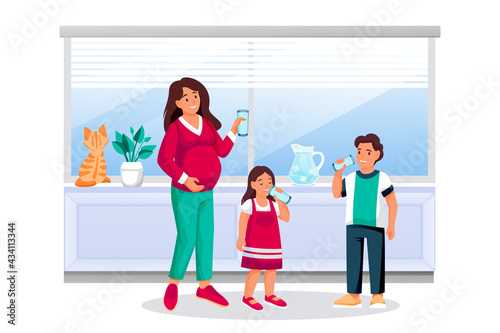 Mother, boy and girl drink water. Pregnant woman holds drinking glass. Vector flat cartoon characters illustration
