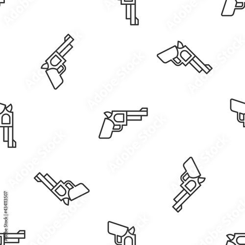 Grey line Pistol or gun icon isolated seamless pattern on white background. Police or military handgun. Small firearm. Vector