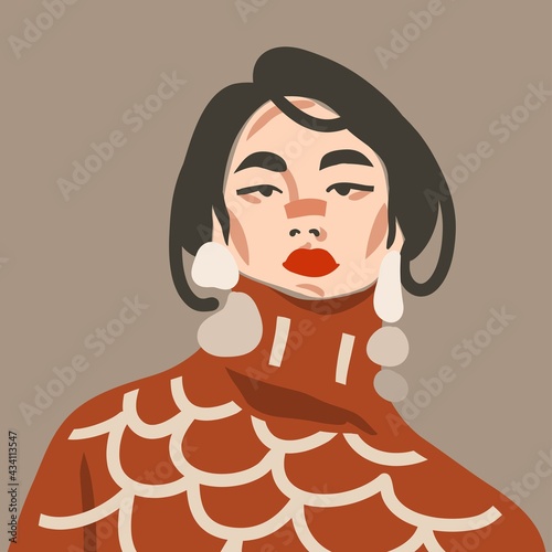 Hand drawn vector abstract stock flat graphic contemporary aesthetic fashion illustration with bohemian,beautiful modern female portrait in simple trendy minimal style isolated on pastel background