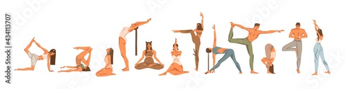 Hand drawn vector abstract stock graphic bohemian clipart illustrations collection set with young happy beauty people characters,meditating and yoga practitioner isolated on white background