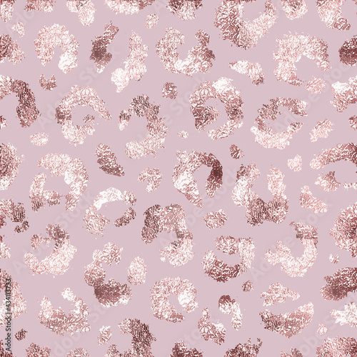 Glam seamless pattern. Skin leopard, jaguar, cheetah or panther. Rose gold effect foil for design. Pink beauty prints. Repeated glitter background. Elegant texture. Repeating delicate print. Vector