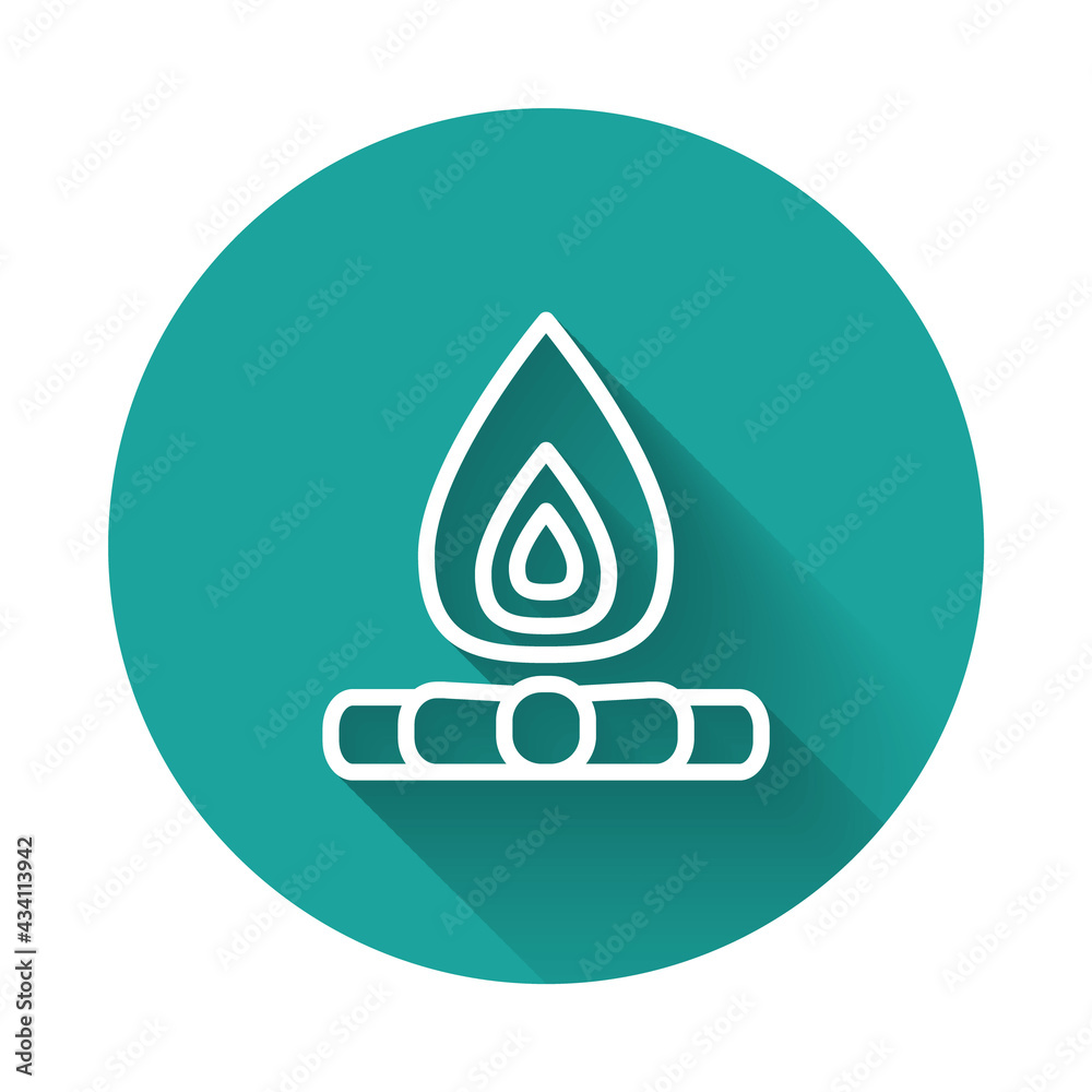 White line Campfire icon isolated with long shadow background. Burning bonfire with wood. Green circle button. Vector White line Campfire icon isolated with long shadow background. Burning bonfire with wood. Green circle button. Vector