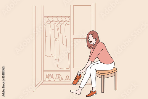 Fashion and fitting new shoes concept. Smiling positive pretty lady cartoon character sitting in showroom fashion collection choosing shoes clothes vector illustration 
