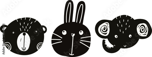 vector cute baby illustration with animal muzzles, scandinavian style