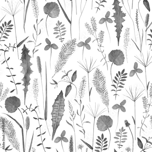 Seamless pattern with wild flowers, herbs, grasses. Watercolor hand drawn botanical illustration