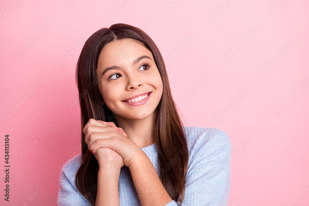 Portrait of attractive dreamy cheerful girl enjoying expecting news copy space isolated over pink pastel color background Portrait of attractive dreamy cheerful girl enjoying expecting news copy space isolated over pink pastel color background