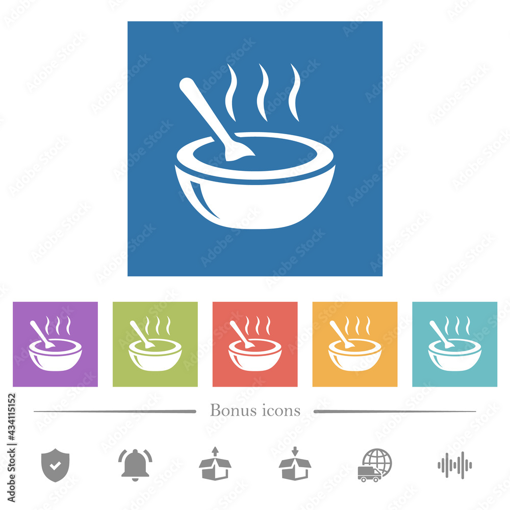 Glossy steaming bowl of soup with spoon flat white icons in square backgrounds Glossy steaming bowl of soup with spoon flat white icons in square backgrounds
