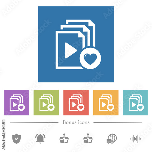 Favorite playlist flat white icons in square backgrounds