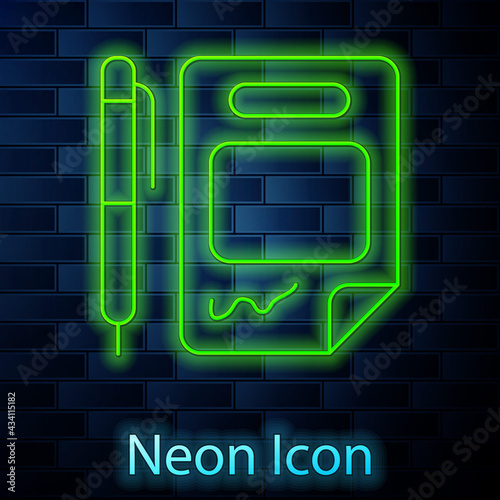Glowing neon line Contract money and pen icon isolated on brick wall background. Banking document dollar file finance money page. Vector