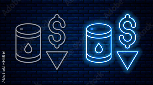 Glowing neon line Drop in crude oil price icon isolated on brick wall background. Oil industry crisis concept. Vector