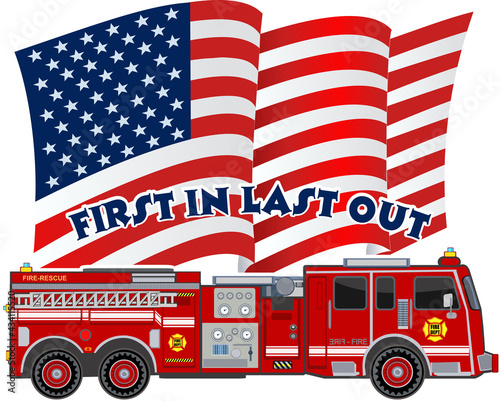 Illustration of a firefighter car and USA flag