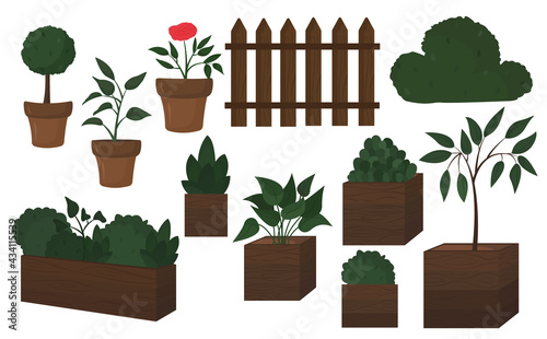 Set of garden flowers, plants, shrubs isolated on a white background. A red flower in a pot, a tree in a wooden pot, spring green plants behind the fence.