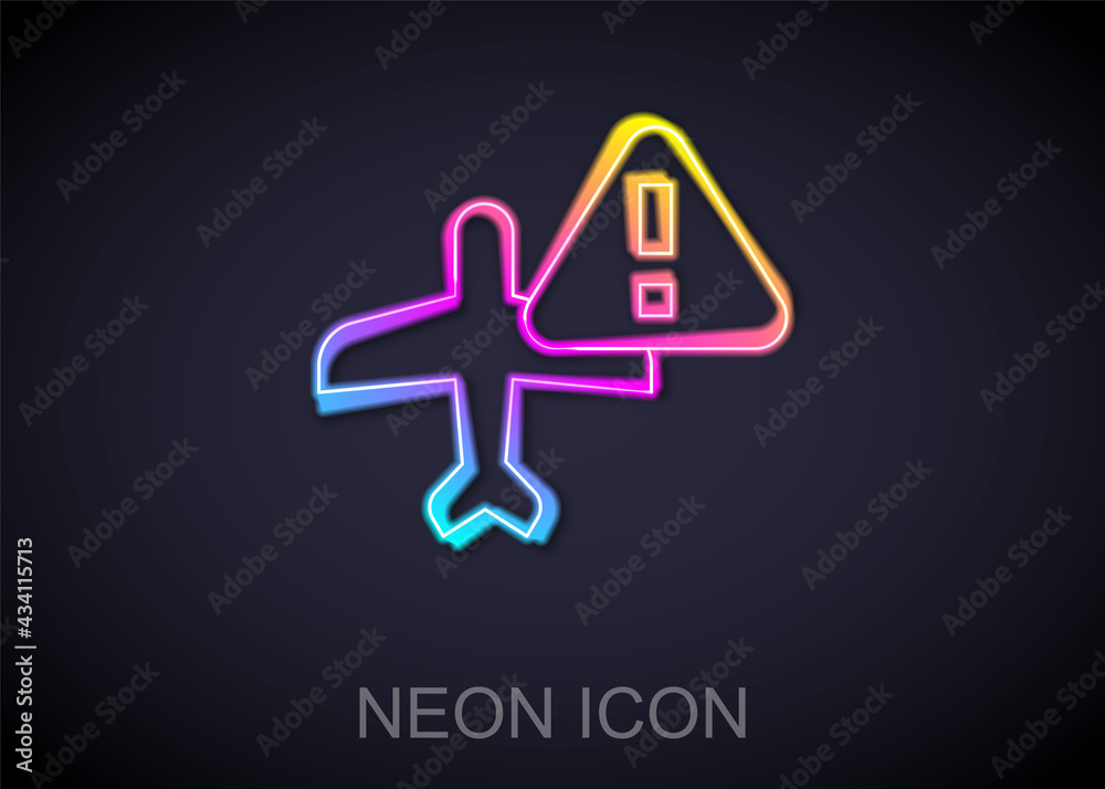 Glowing neon line Warning aircraft icon isolated on black background. Faulty plane. Flying prohibition zone. Plane is forbidden for transportation and travelling. Vector