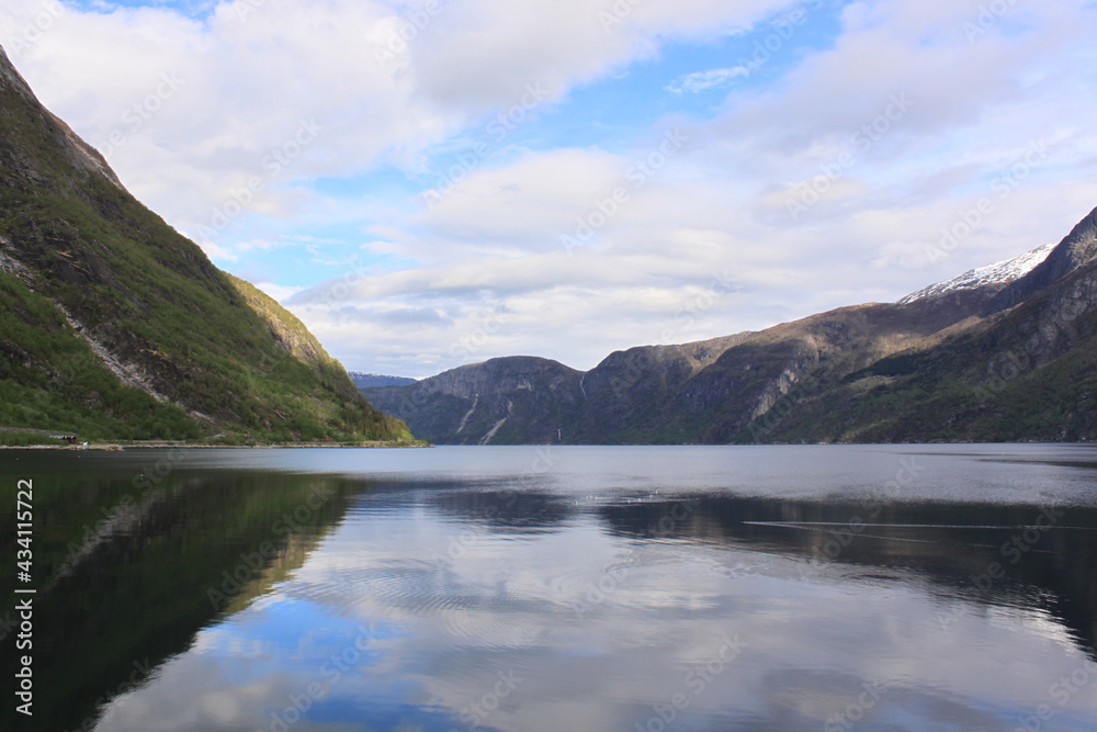 reflection of sky and mountains in the fjord - Eidfjord
