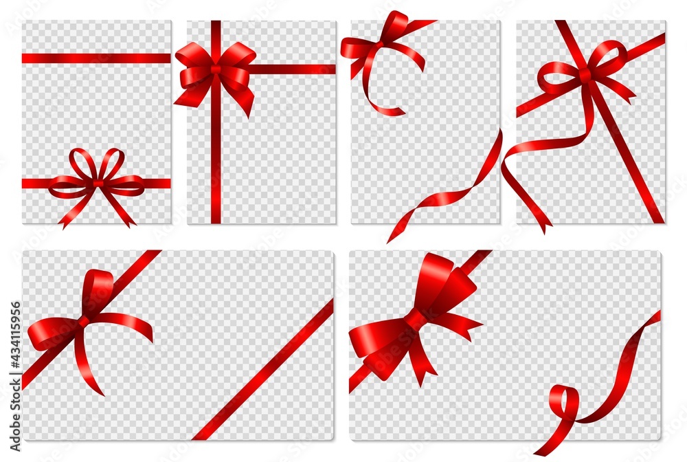 Transparent cards. Banners with realistic red bows and ribbon. Isolated empty gift flyers or voucher, social media stories vector templates