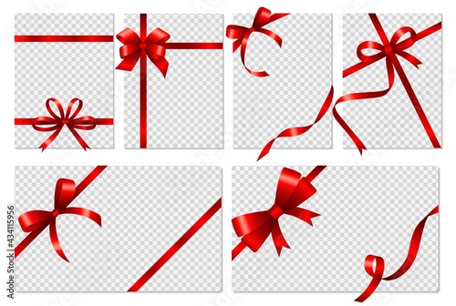 Transparent cards. Banners with realistic red bows and ribbon. Isolated empty gift flyers or voucher, social media stories vector templates photo