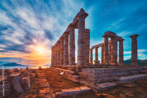 Poseidon temple ruins on Cape Sounio on sunset, Greece