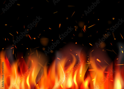 Fire background. Burning flame particles different glowing sparks decent vector illustrations fire place for relax time
