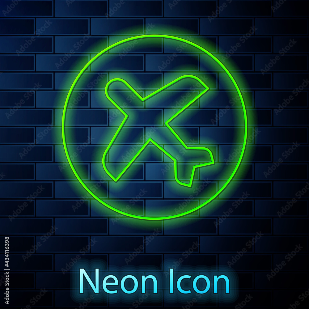 Glowing neon line Plane icon isolated on brick wall background. Flying airplane icon. Airliner sign. Vector Glowing neon line Plane icon isolated on brick wall background. Flying airplane icon. Airliner sign. Vector
