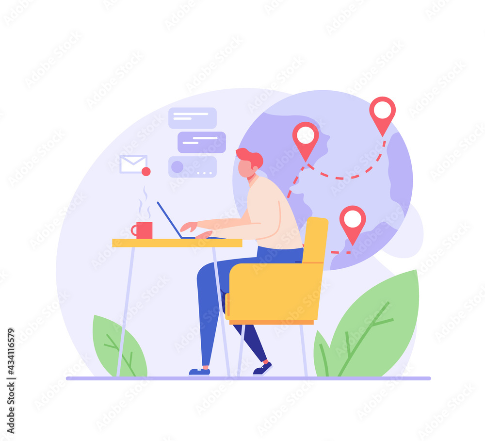 Freelance Concept. Freelancer man working at home and earning money remotely. Global outsourcing, remote working and home office. Work chat. Vector illustration for web design