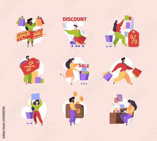 Shopping bags characters. People in market women and men street retail buyers garish vector illustrations in flat style