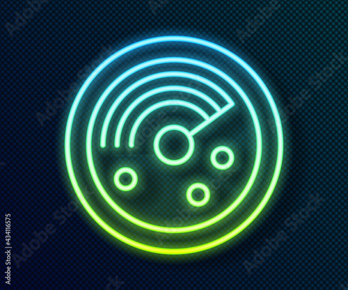Glowing neon line Radar with targets on monitor in searching icon isolated on black background. Search system. Navy sonar. Vector