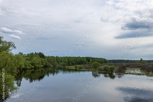 Clouds over the horizon. Landscape with a river and bushes along the shore. Bright green trees and bushes. Early spring.
