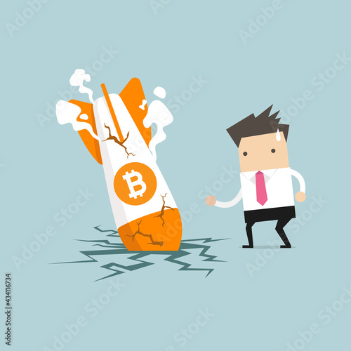 Businessman with Bitcoin rocket crash flying down. Bitcoin price collapse, crypto currency volatility price roaring fast and fall down causing investor huge loss concept.