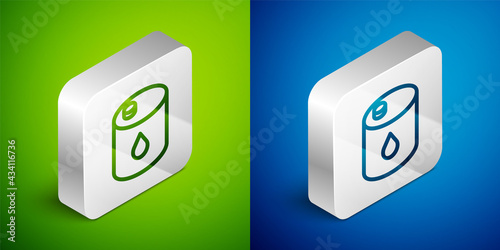 Isometric line Barrel oil icon isolated on green and blue background. Silver square button. Vector