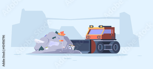 Remove garbage street. Urban cleaning service waste recycling processes bulldozer remove trash garish vector cartoon background save nature concept