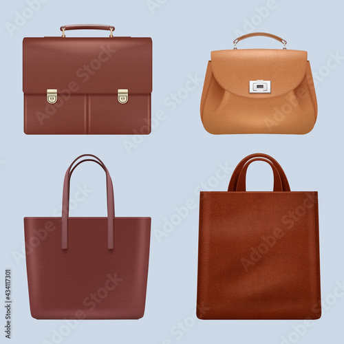 Leather bags. Vintage business briefcase handing luxury brown bags fashioned accessories for men and women decent vector realistic illustrations