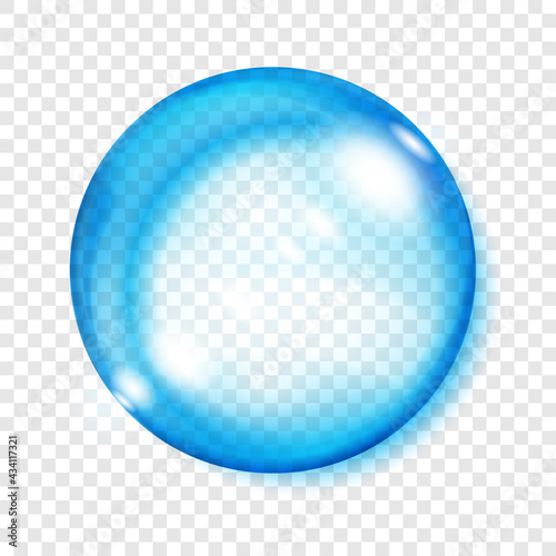 Big translucent light blue sphere with glares and shadows on transparent background. Transparency only in vector format