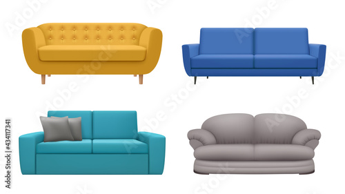 Sofa realistic. Modern furniture for relax time in interior living lounge room simple comfortable lifestyle decent vector collection isolated