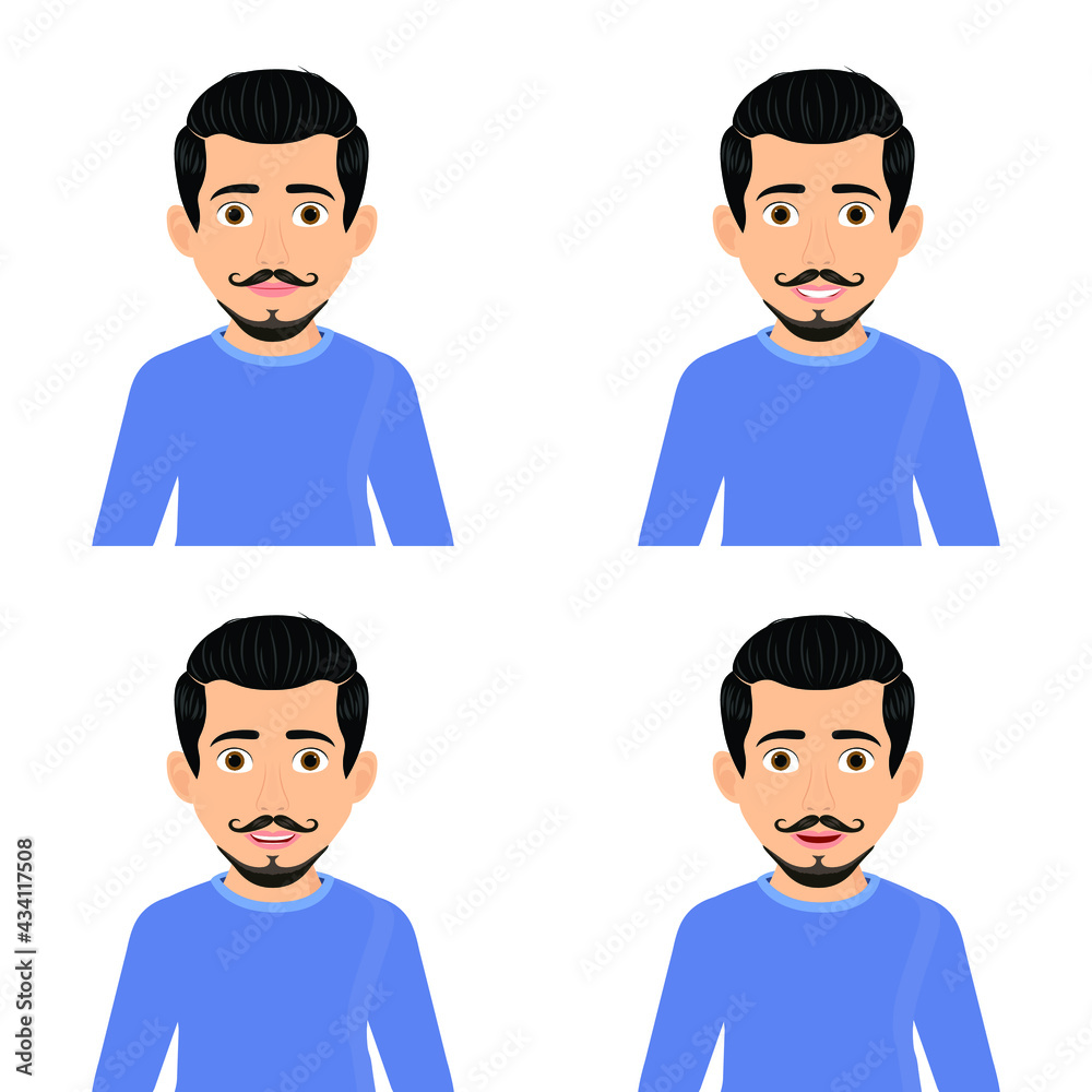 Set of male facial different expressions. Man character with different emotions. Emotions and body language concept illustration in vector cartoon style