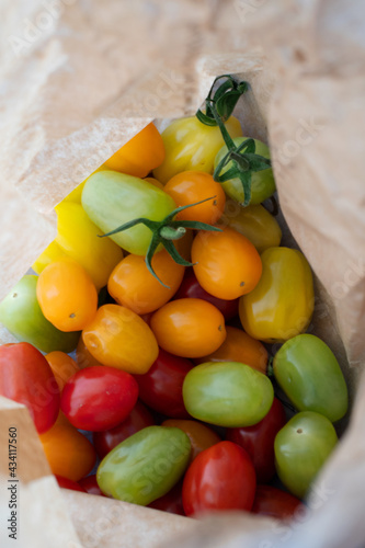 Diverse kind of cherry tomatoes in a paper bag. Fresh and organic tomatoes in different shapes and colors. 