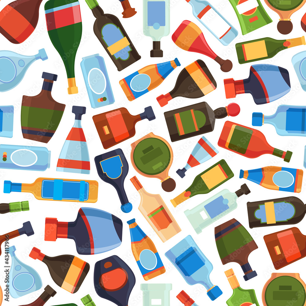 Bottles pattern. Restaurant liquid products in bottles wine tequila vodka tonic gin rum garish vector seamless background for design menu