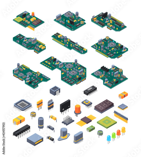 Microchip hardware. Manufacturing computer power green motherboards with small chip for electronic devices garish vector isometric illustrations