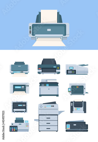 Printer. Inkjet office and industry machines terminal pc flat printers for print house garish vector illustrations