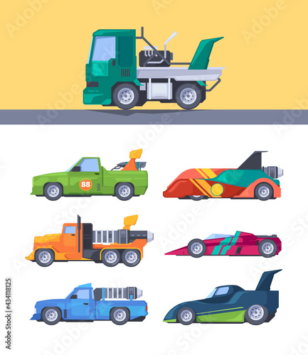 Racing cars. Fast vehicles sport nitrous oxide trucks acceleration garish vector colored pictures set