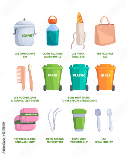 Nature care. Zero waste processes cleaning and recycle plastic garbage eco lifestyle environment pollution garish vector pictures templates