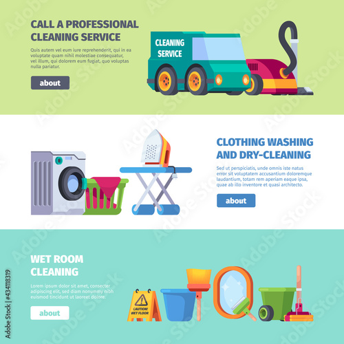 Cleaning service banners. Washing staff laundry tools broom bucket rag iron garish vector design templates