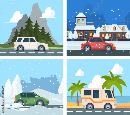 City cars. Urban landscape with various vehicles transport outdoor happy tourism in mountain driving travellers garish vector cartoon background