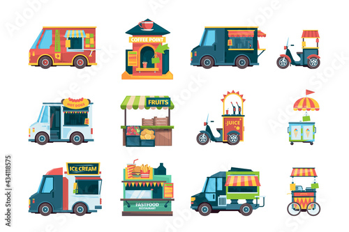 Local market. Coffee fast food ice cream places kiosk on wheels street outdoor market for urban park garish vector pictures in flat style © ONYXprj