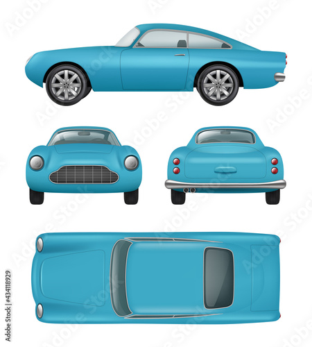 Retro car. Realistic vintage automobile front right left back side views luxury details decent vector vehicles isolated