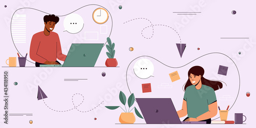 Man and woman participating in a video conference.  Online meeting, distance learning, remote work.  Modern vector illustration in flat style