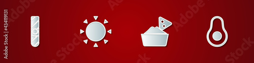 Set Cigar, Sun, Nachos in bowl and Avocado fruit icon. Vector